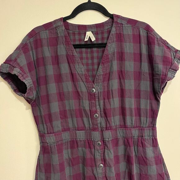 Pact Dress Coastal Short-Sleeve Purple Gray Plaid 100% Organic Cotton Large - Picture 4 of 9